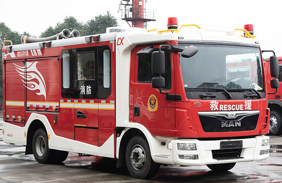 Petits camion de lutte contre l'incendie d'HOMME et offre de mousse avec 8 sapeurs-pompiers
